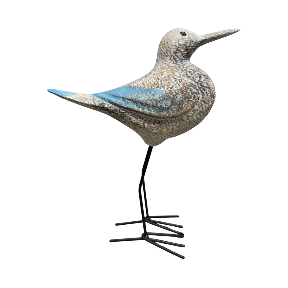 Rustic Wooden Shorebird Figurine Distressed Blue White Coastal Decor Metal Legs